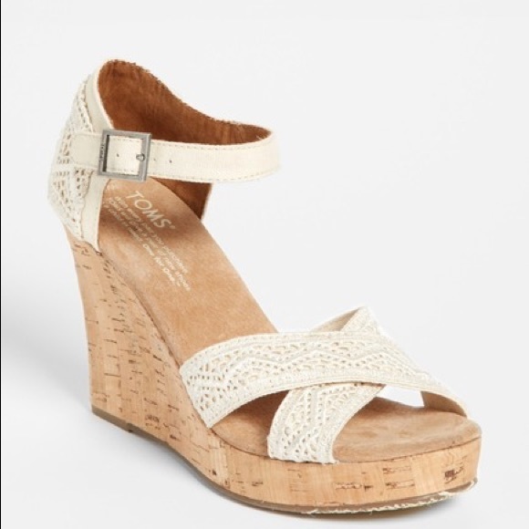 Toms Shoes - TOMS Cream Crochet Cork Platform Wedge Sandals 10